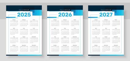 2025, 2026, 2027 years calendar. The week starts on Sunday. Simple calender layout. Yearly diary. Desk planner template with 12 months. Organizer in English. Pocket or wall formats. vector