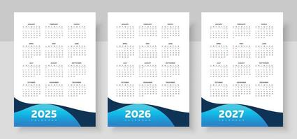 Web2025, 2026 and 2027 calendar set. The week starts on Sunday. Simple calender layout. Yearly diary. Stationery template with 12 months, Organizer in English. Pocket or wall formats. vector