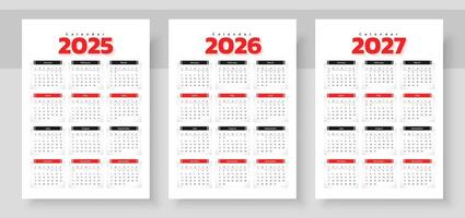 Calendar 2025, calendar 2026 and calendar 2027. Week start Sunday. Simple vertical calendar design template. Corporate design planner template. Organizer in English. Pocket or wall formats. vector