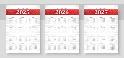 Web2025, 2026 and 2027 calendar set. The week starts on Sunday. Simple calender layout. Yearly diary. Stationery template with 12 months, Organizer in English. Pocket or wall formats. vector