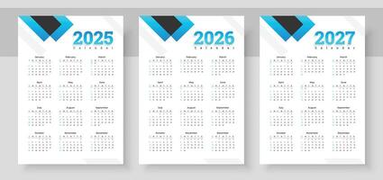 2025, 2026, 2027 years calendar. The week starts on Sunday. Simple calender layout. Yearly diary. Desk planner template with 12 months. Organizer in English. Pocket or wall formats. vector