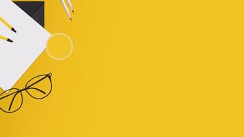 Yellow Background. Flat lay notebooks, pencils, glasses, and sticky notes, all neatly organized against a vivid yellow backdrop , template vector