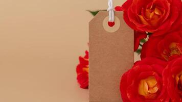 Zoom in out Monochrome beige paper note and rope in heart shape on neutral beige background. Delicate red roses Greeting card holiday idea. Mock up copy space for text. Gift present video