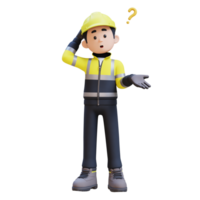 3D Construction Worker Character Confused and Thinking Pose png
