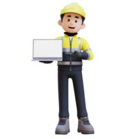 3D Construction Worker Character Presenting on Empty Computer Screen png