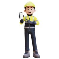 3D Construction Worker Character Pointing to Empty Phone Screen png