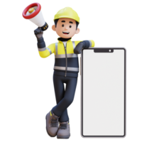 3D Construction Worker Character Holding Megaphone and Lying on Big Empty Phone Screen png