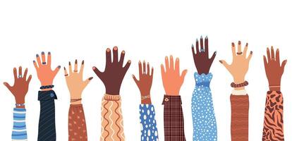 Group hands up of diverse people. Concept of volunteerism, diversity, multi-ethnicity, equality, racial and social issues. vector