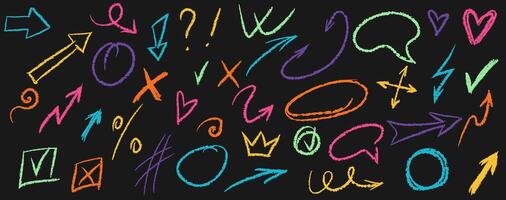 A set of arrows, frames and shapes, circles, speech bubbles drawn in crayon or charcoal. Colorful chalk graphic elements. vector