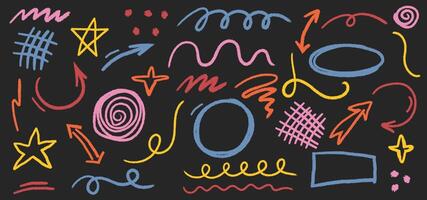 Colorful charcoal graffiti doodle shapes on black. Hand drawn set of abstract scribbles and squiggles, creative various shapes, pencil drawn icons. Scribbles, scrawls, stars, arrows, curly lines. vector