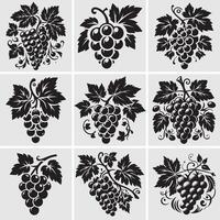 Set of art illustration Grapes logo featuring grapes with leaves on a tree vector