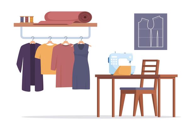 Sewing room with sewing machine, mannequin, tools, finished dresses and sewing pattern. Tailor interior. illustration.