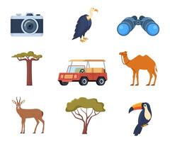 Africa and Safari elements and icons. Binocular, toucan, photo camera, camel, tree, safari jeep. . vector