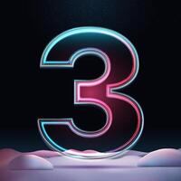 3D glass number 3 with neon light insight. Big relistic symbol with sparkles and winter background. Futuristic holiday decoration. Element for design poster, advertisign or game vector