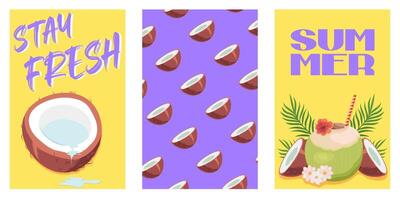Set of summer tropical pictures with coconuts. vector