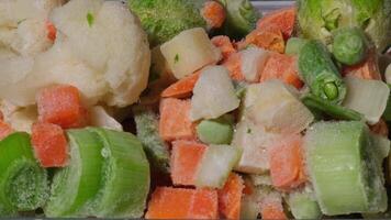 Time lapse of melting Frozen mixed vegetables for long-term storage. Deep freezing of vegetables. defrosting Frozen food vegetables background video