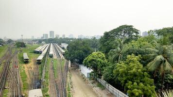 Surface level of railway tracks along green plants photo