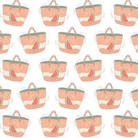 Repeating pattern featuring beach tote bags with watermelon slices and tropical leaves, peach and green tones, boho vector
