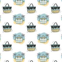 Modern summer colorful pattern with varying beach tote bag designs displayed in individual vignettes vector