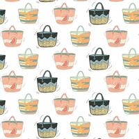 Rich pattern of beach bags with a large starfish on a striped background, a slice of watermelon, waves abstract vector