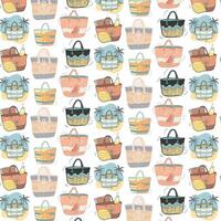 Modern pattern, different beach bags with drawings of stars, watermelons, waves and other beach elements, isolated vector