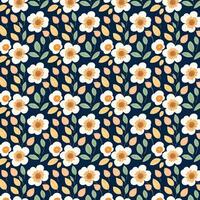 Orange and yellow flowers in a repeating pattern set on a deep blue backdrop. The leaves of the blooms are green, with white centers. vector