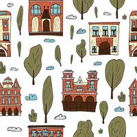 Seamless patter of houses, trees and clouds. vector