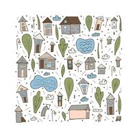 Set of houses, trees and clouds. vector