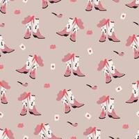 Seamless pattern with cowboy boots and hat, smoking pipe, playing card. Groovy wild west, western design. Hand drawn illustration vector