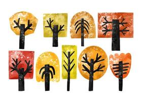 Set of autumn colored trees on isolated background. Children's s vector