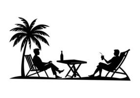 conversation between two friends with beach chair and table palmtree silhouette illustration vector