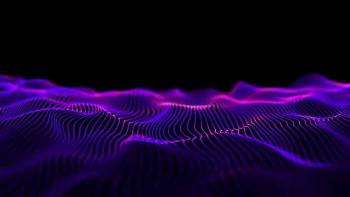 Purple waves on a black background. Digital sea graphic landscape typography map. Wavy space. Sci fi microworld. 3D looped bg data flow concept. A blue high tech field with luminous lines form