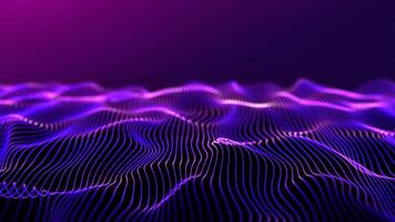 Purple wave. Abstract neon light magenta background. Futuristic dynamic moving energetic flow. Digital sea, graphic landscape, typography map. Wavy space. Sci-fi microworld. 3D looped bg video