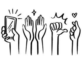 Applause hand draw, doodle clapping ovation. thumbs up gesture isolated on white background. vector
