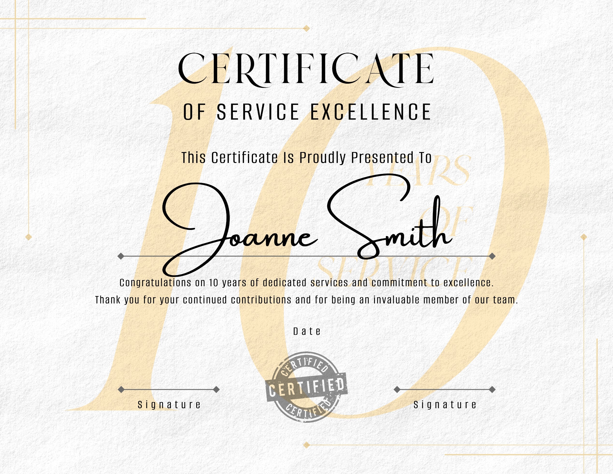 Minimalist 10 Years of Service Award Certificate