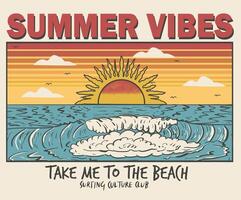 Summer vibes print design. Sunshine tropical beach artwork. Palm beach vibes artwork. Happiness comes in wave. Big wave print design for t shirt print, sticker, background and other uses. vector