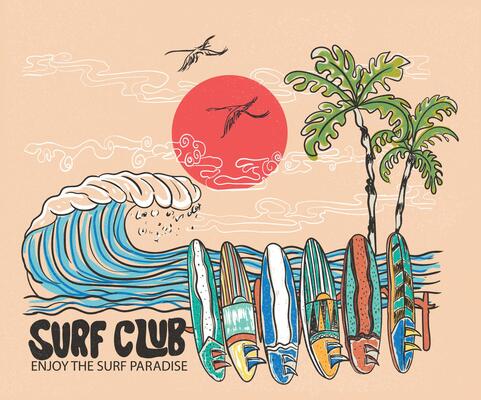 アート・デザイン・音楽 surf surf Bright Neon Love Surfboard Flat | Abstract Wall Art by The