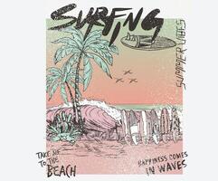 Surfing board sketch. Surfing club, Tropical island print design. Palm beach vibes artwork. Holiday forever design for t shirt print, sticker, background and other uses. Summer vibes artwork. vector