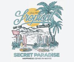 Holiday forever design for t shirt print, sticker, background and other uses. Summer vibes artwork. Surfing board sketch. Surfing club, Tropical island print design. Palm beach vibes artwork. vector