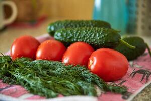 Tomatoes, cucumbers and green dill close-up, fresh harvest, preparation for salad, diet food photo