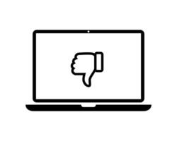 Thumb down, dislike hand on laptop computer screen icon vector