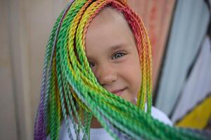 portrait of a little beautiful girl with multi-colored african braids on the background of a colorful wall photo