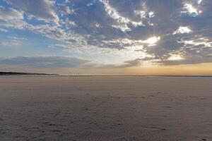 Picture of many kitesurfers on the beach of Ouddorp in Holland in the evening light photo