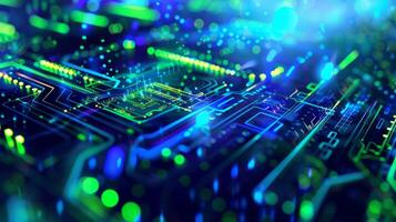 Glowing neon blue techno music background with vibrant circuitry design photo