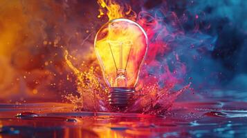 Artistic depiction of an illuminated light bulb exploding in vibrant colors, symbolizing creative ideas photo