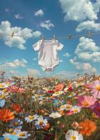 A white baby onesie hangs on a string with a vibrant wildflower field and blue sky in the background photo