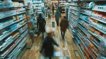 Blurred motion abstract of busy customers in a pharmacy photo