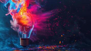 Vibrant light bulb bursting with dynamic colors and swirling smoke photo