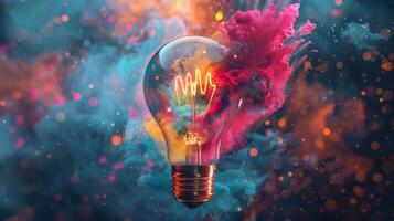 Burst of vibrant, creative colors radiates from a light bulb, representing inventive concepts photo