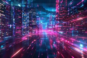 Vibrant neon lights depicting internet and network connectivity in an abstract cyber cityscape at night photo